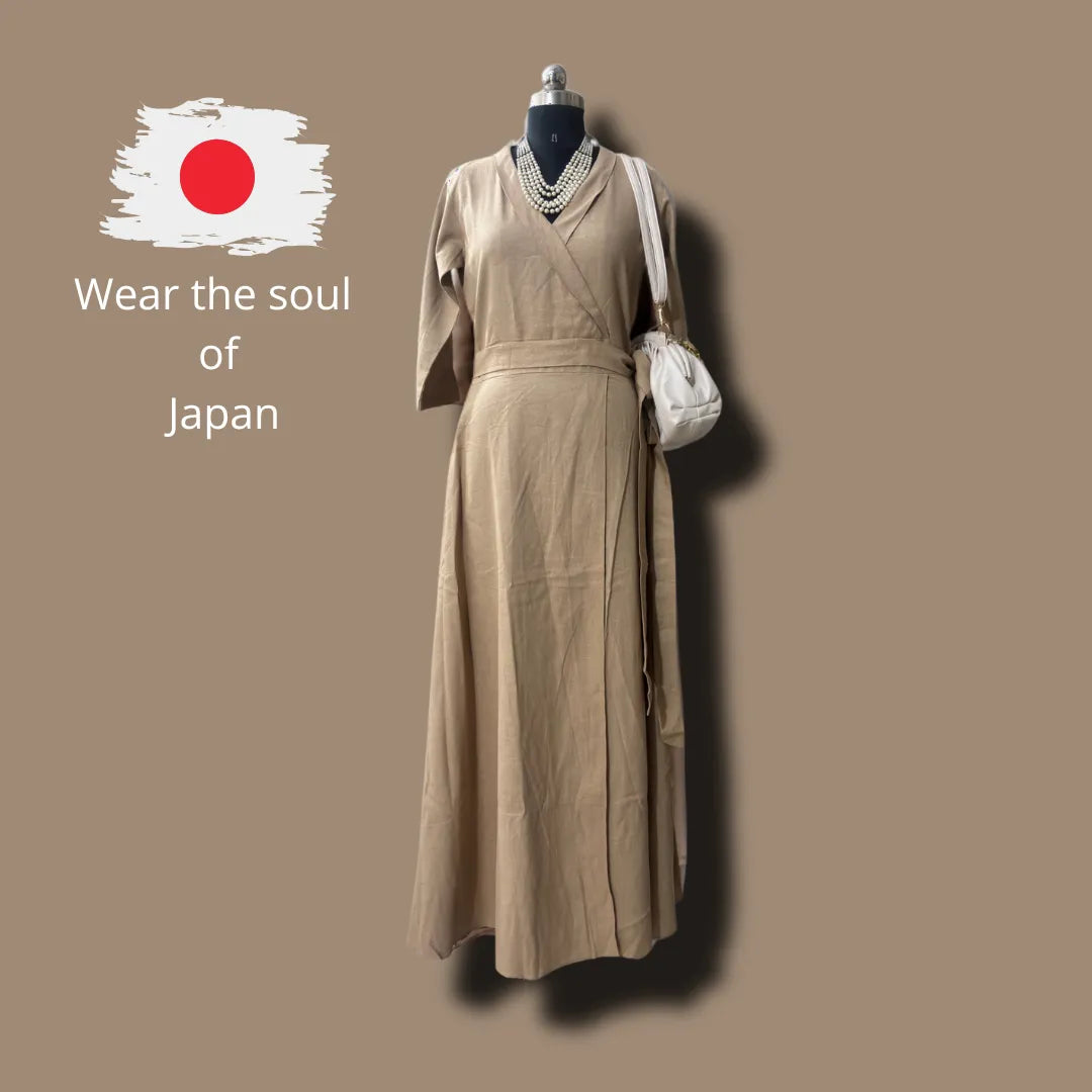 Sakura Breeze Beige Japanese Wrap Dress