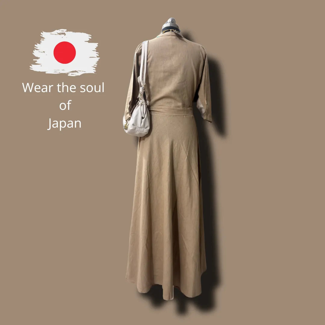 Sakura Breeze Beige Japanese Wrap Dress